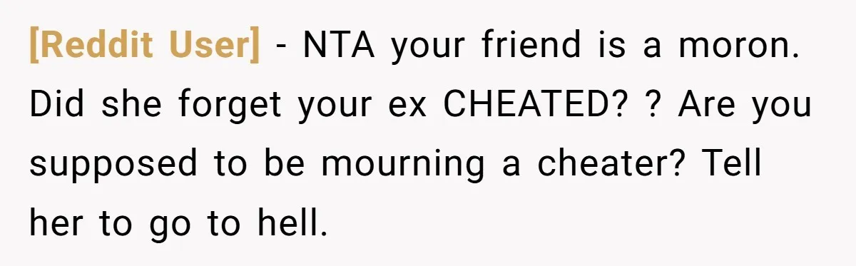[Reddit User] − NTA your friend is a moron. Did she forget your ex CHEATED? ? Are you supposed to be mourning a cheater? Tell her to go to hell.