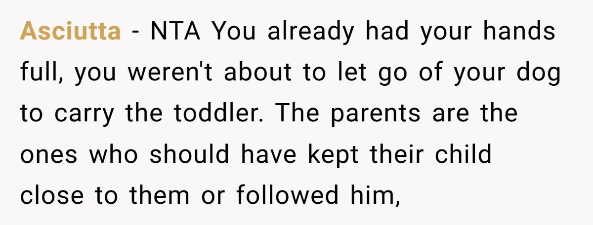 Asciutta − NTA You already had your hands full, you weren't about to let go of your dog to carry the toddler. The parents are the ones who should have...