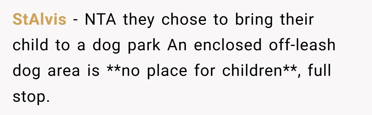 StAlvis − NTA they chose to bring their child to a dog park An enclosed off-leash dog area is **no place for children**, full stop.