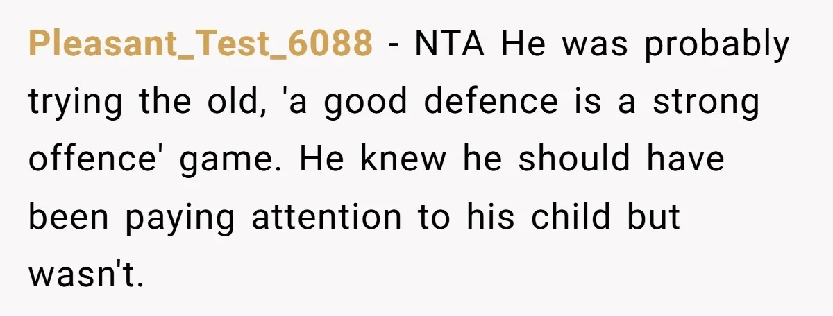 Pleasant_Test_6088 − NTA He was probably trying the old, 'a good defence is a strong offence' game. He knew he should have been paying attention to his child but wasn't.