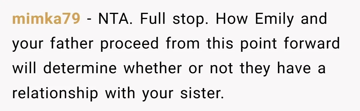 mimka79 - NTA. Full stop. How Emily and your father proceed from this point forward will determine whether or not they have a relationship with your sister.