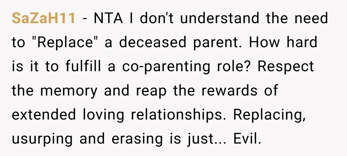 SaZaH11 - NTA I don't understand the need to "Replace" a deceased parent. How hard is it to fulfill a co-parenting role? Respect the memory and reap the rewards of...