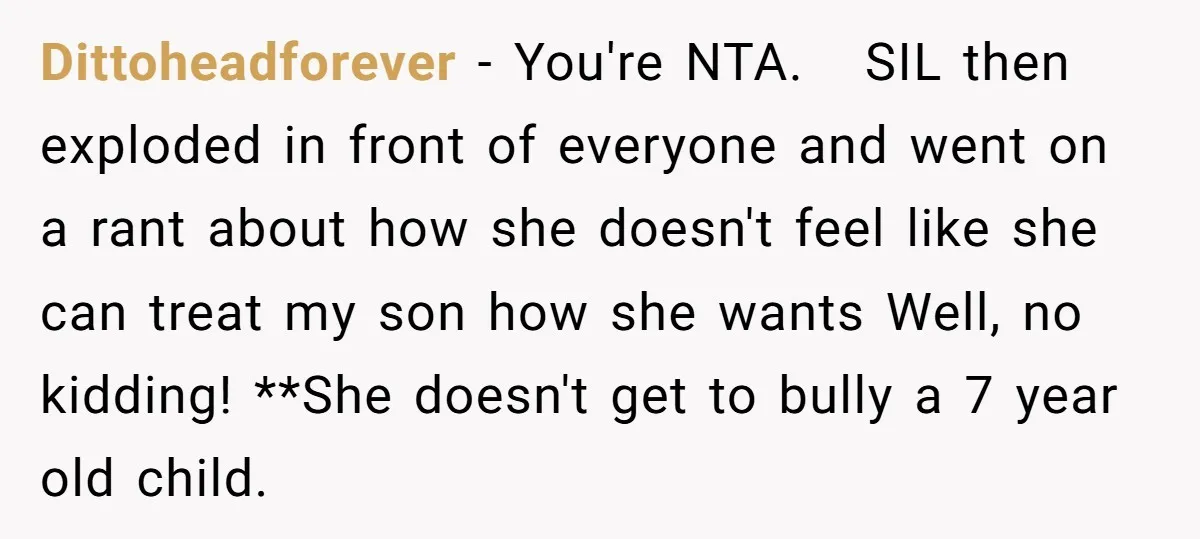 Dittoheadforever − You're NTA. SIL then exploded in front of everyone and went on a rant about how she doesn't feel like she can treat my son how she wants...