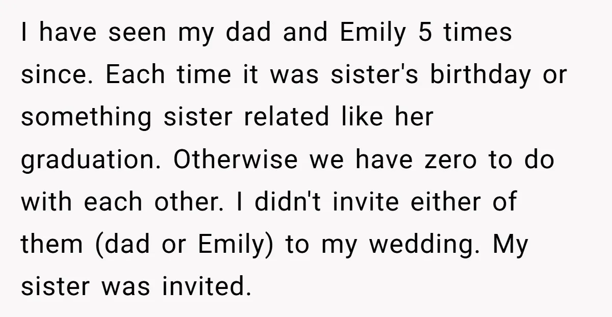I have seen my dad and Emily 5 times since. Each time it was sister's birthday or something sister related like her graduation. Otherwise we have zero to do with...