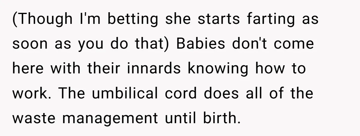 (Though I'm betting she starts farting as soon as you do that) Babies don't come here with their innards knowing how to work. The umbilical cord does all of the...