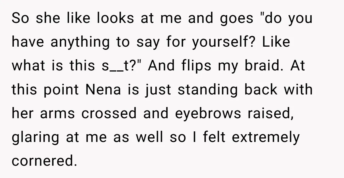 So she like looks at me and goes "do you have anything to say for yourself? Like what is this s__t?" And flips my braid. At this point Nena is...