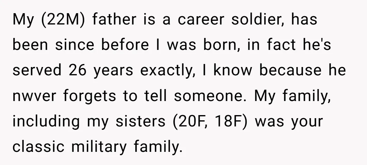 My (22M) father is a career soldier, has been since before I was born, in fact he's served 26 years exactly, I know because he nwver forgets to tell someone....