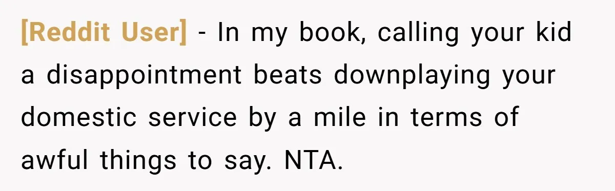 [Reddit User] − In my book, calling your kid a disappointment beats downplaying your domestic service by a mile in terms of awful things to say. NTA.