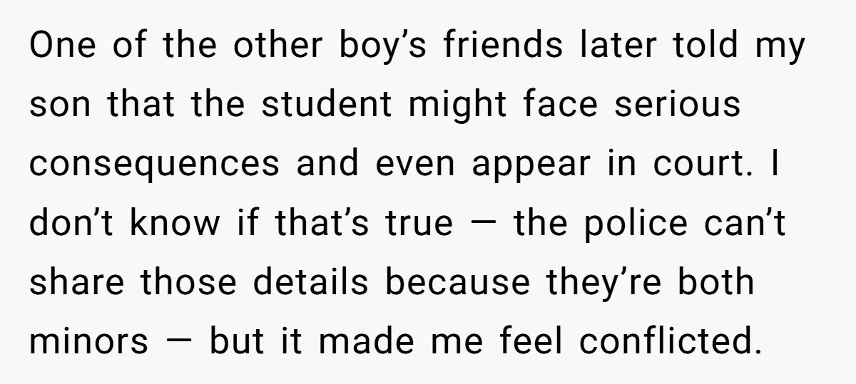 One of the other boy’s friends later told my son that the student might face serious consequences and even appear in court. I don’t know if that’s true — the...