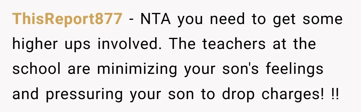 ThisReport877 − NTA you need to get some higher ups involved. The teachers at the school are minimizing your son's feelings and pressuring your son to drop charges! !!