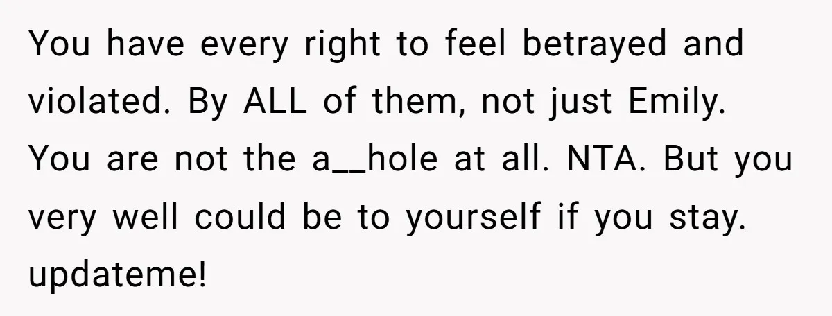 You have every right to feel betrayed and violated. By ALL of them, not just Emily. You are not the a__hole at all. NTA. But you very well could be...