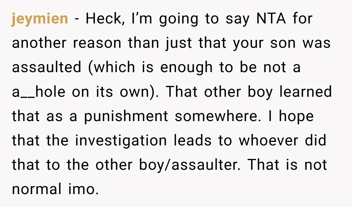 jeymien − Heck, I’m going to say NTA for another reason than just that your son was assaulted (which is enough to be not a a__hole on its own). That...