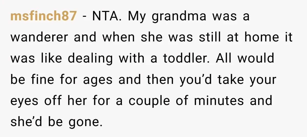 msfinch87 - NTA. My grandma was a wanderer and when she was still at home it was like dealing with a toddler. All would be fine for ages and then...