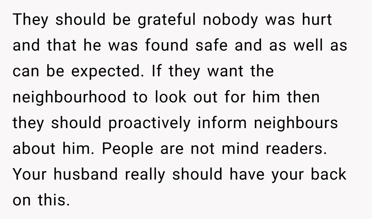 They should be grateful nobody was hurt and that he was found safe and as well as can be expected. If they want the neighbourhood to look out for him...