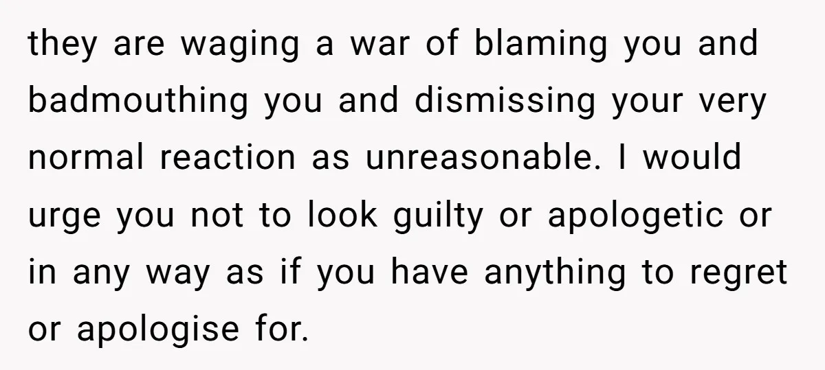 they are waging a war of blaming you and badmouthing you and dismissing your very normal reaction as unreasonable. I would urge you not to look guilty or apologetic or...