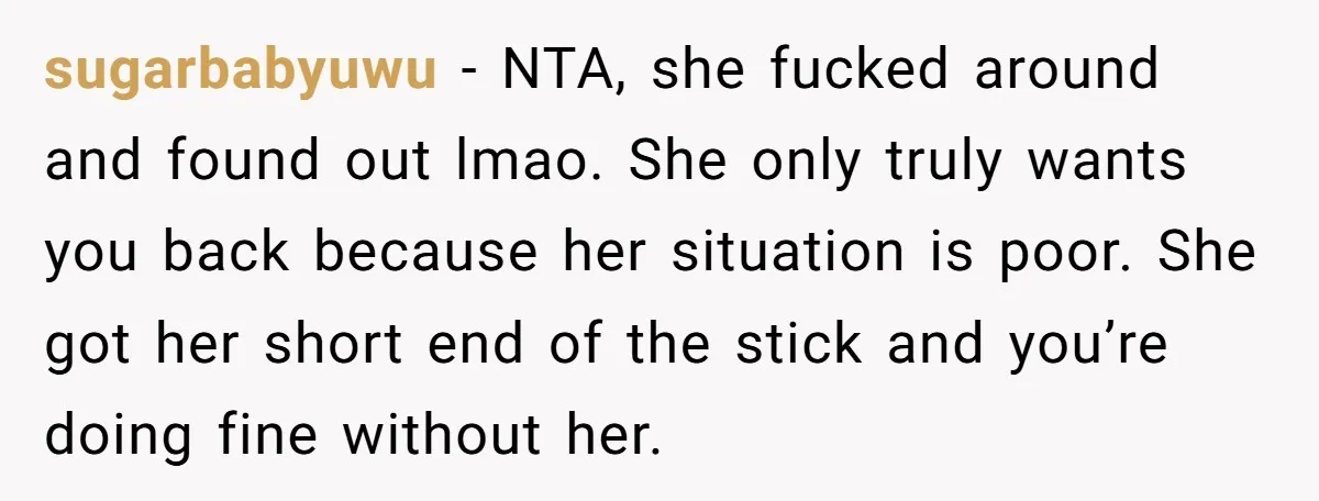 sugarbabyuwu - NTA, she fucked around and found out lmao. She only truly wants you back because her situation is poor. She got her short end of the stick and...