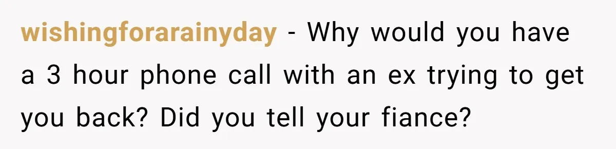 wishingforarainyday - Why would you have a 3 hour phone call with an ex trying to get you back? Did you tell your fiance?