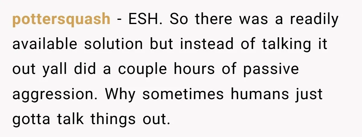 pottersquash − ESH. So there was a readily available solution but instead of talking it out yall did a couple hours of passive aggression. Why sometimes humans just gotta talk...