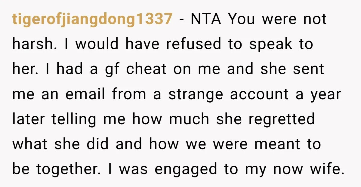 tigerofjiangdong1337 - NTA You were not harsh. I would have refused to speak to her. I had a gf cheat on me and she sent me an email from a...
