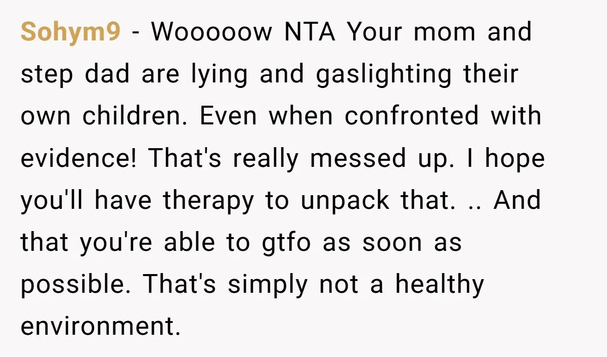 Sohym9 − Wooooow NTA Your mom and step dad are lying and gaslighting their own children. Even when confronted with evidence! That's really messed up. I hope you'll have therapy...