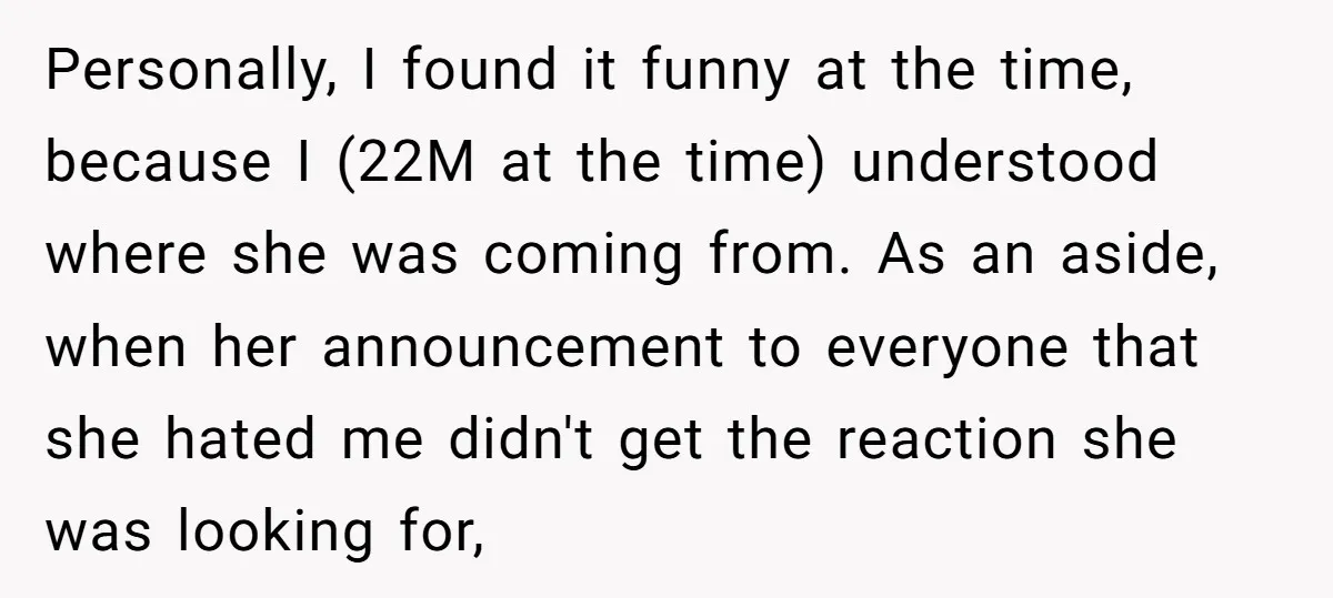 Personally, I found it funny at the time, because I (22M at the time) understood where she was coming from. As an aside, when her announcement to everyone that she...