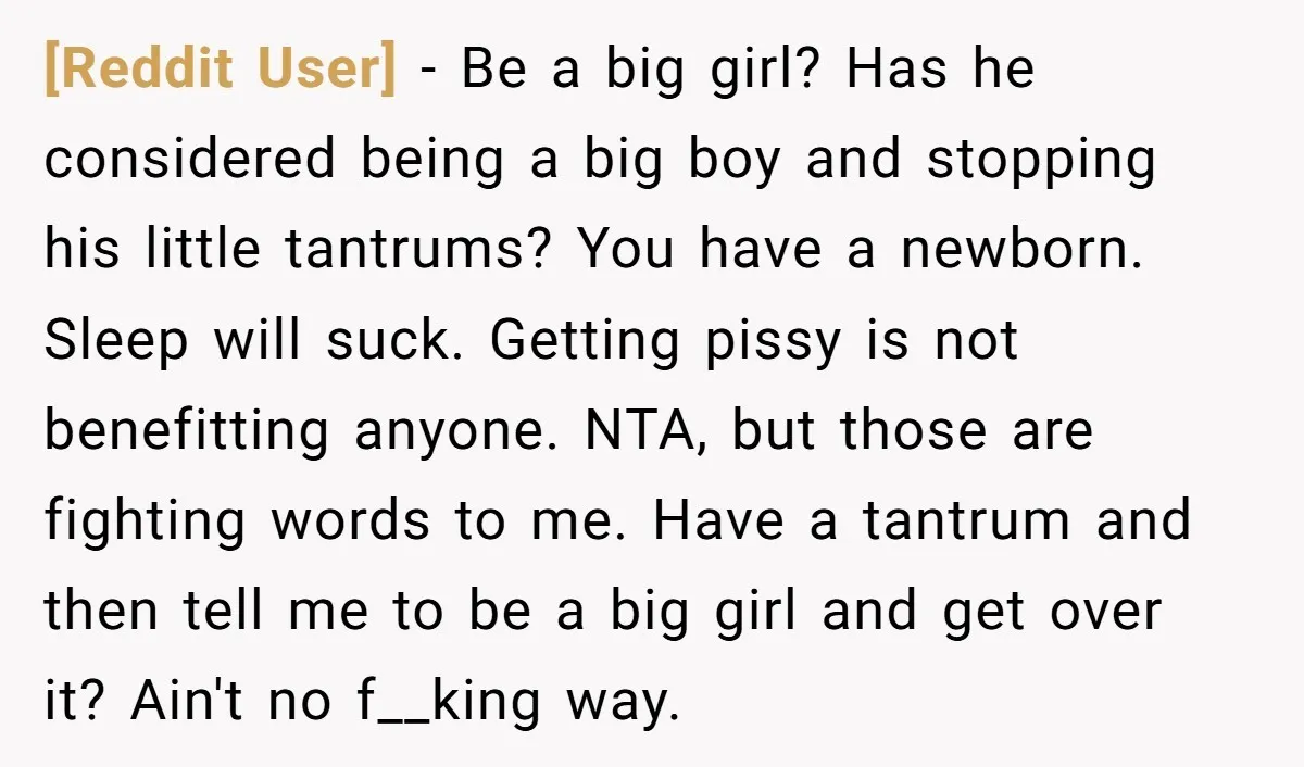 [Reddit User] − Be a big girl? Has he considered being a big boy and stopping his little tantrums? You have a newborn. Sleep will suck. Getting pissy is not...