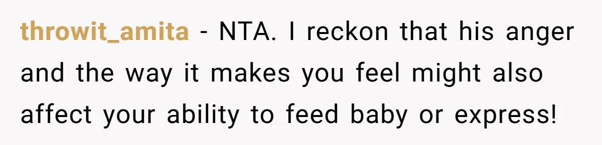 throwit_amita − NTA. I reckon that his anger and the way it makes you feel might also affect your ability to feed baby or express!