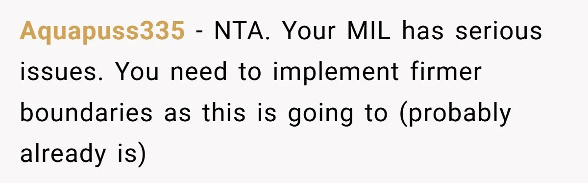 Aquapuss335 − NTA. Your MIL has serious issues. You need to implement firmer boundaries as this is going to (probably already is)