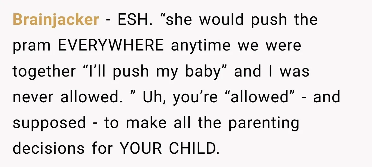 Brainjacker − ESH. “she would push the pram EVERYWHERE anytime we were together “I’ll push my baby” and I was never allowed. ” Uh, you’re “allowed” - and supposed -...