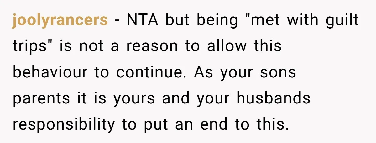 joolyrancers − NTA but being "met with guilt trips" is not a reason to allow this behaviour to continue. As your sons parents it is yours and your husbands responsibility...