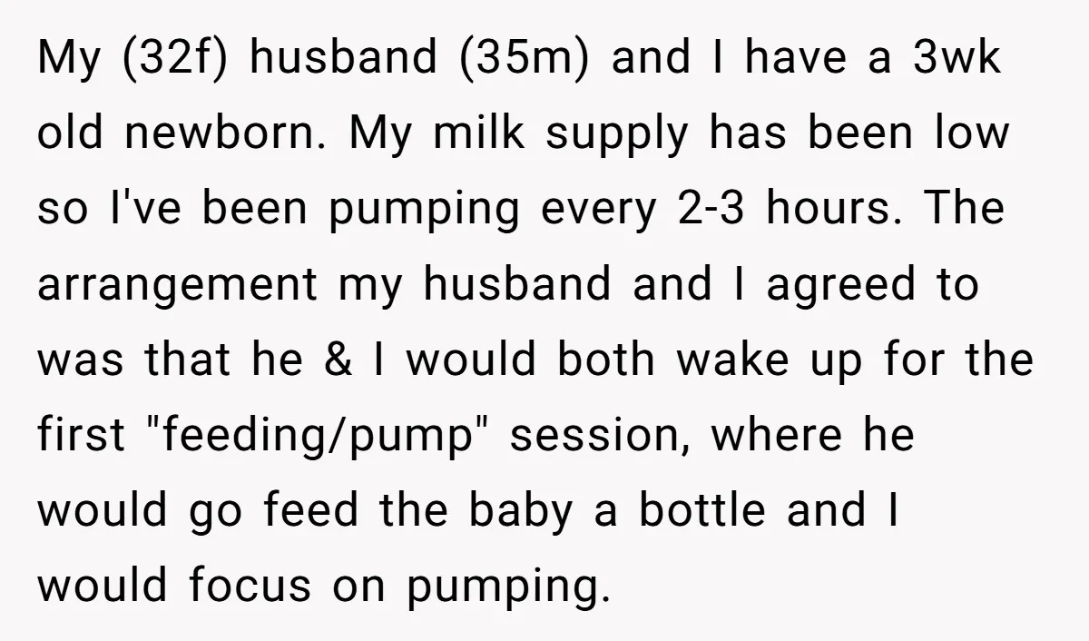 My (32f) husband (35m) and I have a 3wk old newborn. My milk supply has been low so I've been pumping every 2-3 hours. The arrangement my husband and I...