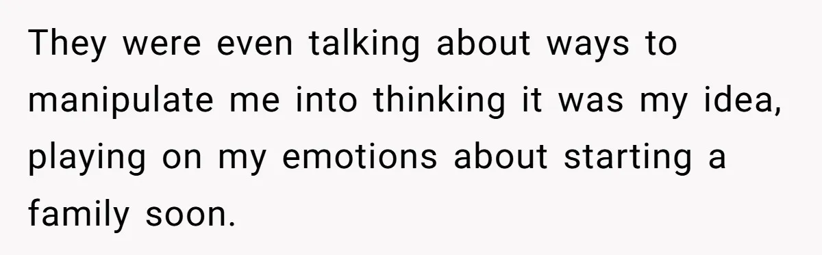 They were even talking about ways to manipulate me into thinking it was my idea, playing on my emotions about starting a family soon.