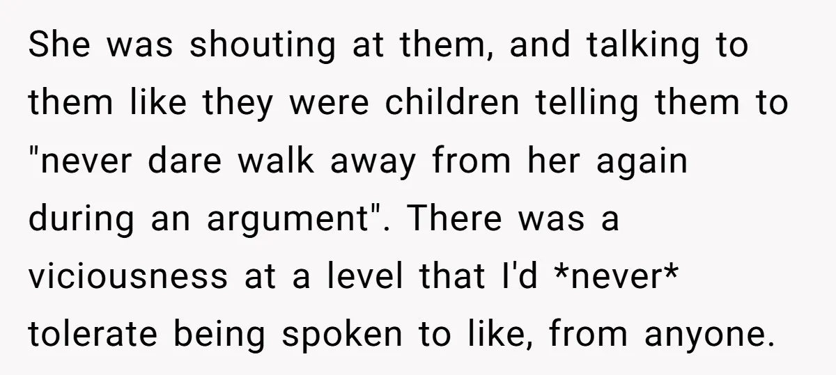 She was shouting at them, and talking to them like they were children telling them to "never dare walk away from her again during an argument". There was a viciousness...