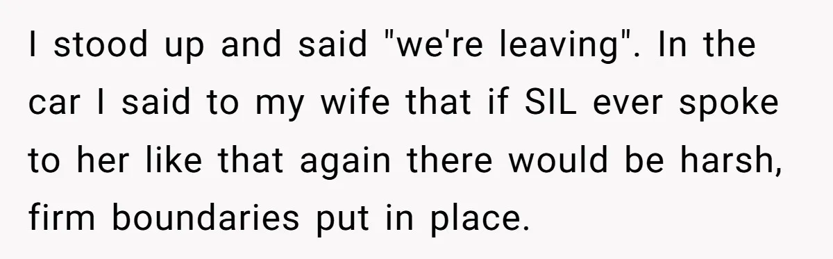 I stood up and said "we're leaving". In the car I said to my wife that if SIL ever spoke to her like that again there would be harsh, firm...