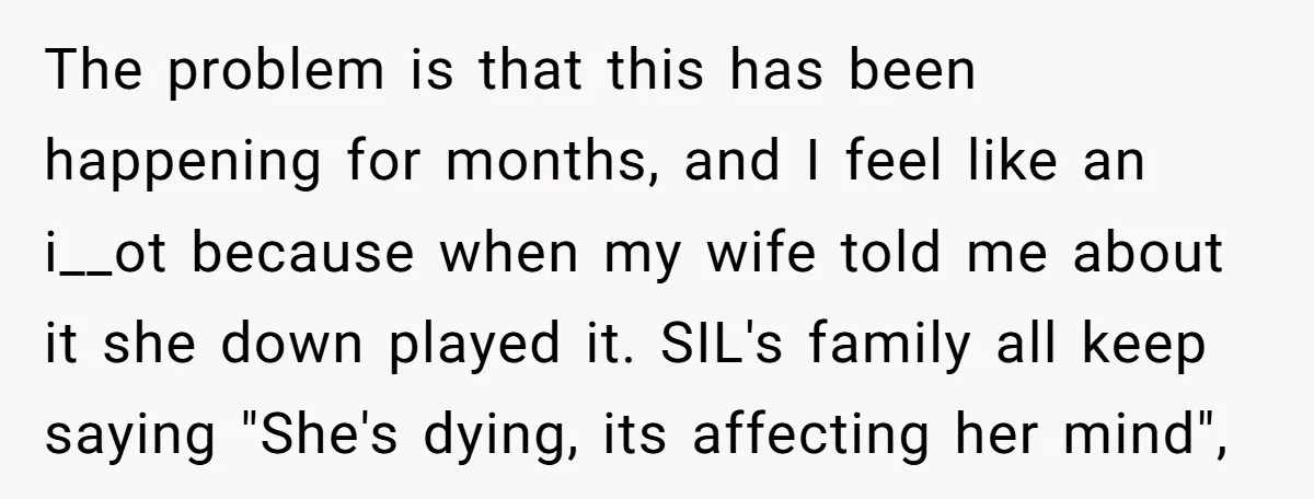 The problem is that this has been happening for months, and I feel like an i__ot because when my wife told me about it she down played it. SIL's family...