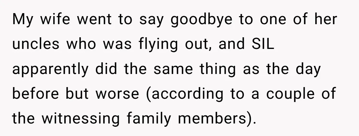 My wife went to say goodbye to one of her uncles who was flying out, and SIL apparently did the same thing as the day before but worse (according to...