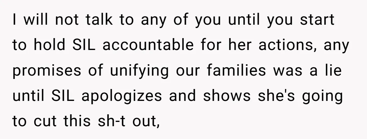 I will not talk to any of you until you start to hold SIL accountable for her actions, any promises of unifying our families was a lie until SIL apologizes...