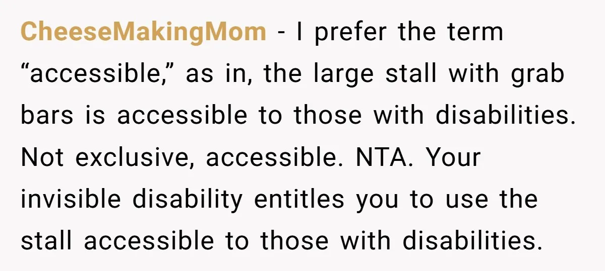 CheeseMakingMom − I prefer the term “accessible,” as in, the large stall with grab bars is accessible to those with disabilities. Not exclusive, accessible. NTA. Your invisible disability entitles you...