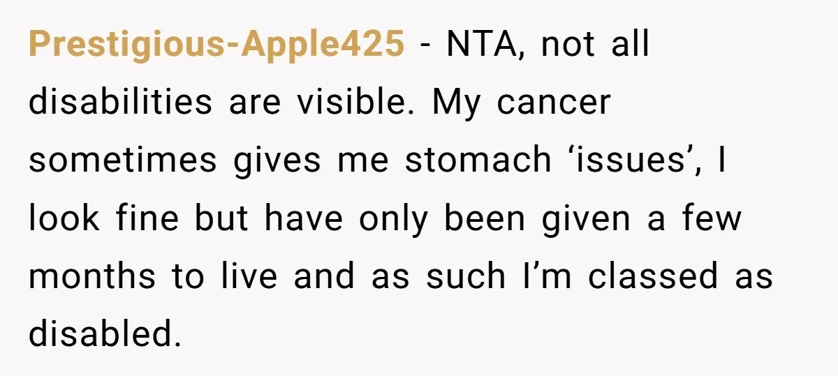 Prestigious-Apple425 − NTA, not all disabilities are visible. My cancer sometimes gives me stomach ‘issues’, I look fine but have only been given a few months to live and as...