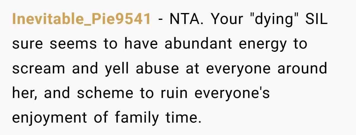 Inevitable_Pie9541 − NTA. Your "dying" SIL sure seems to have abundant energy to scream and yell abuse at everyone around her, and scheme to ruin everyone's enjoyment of family time.