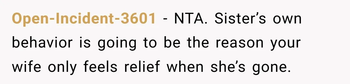 Open-Incident-3601 − NTA. Sister’s own behavior is going to be the reason your wife only feels relief when she’s gone.