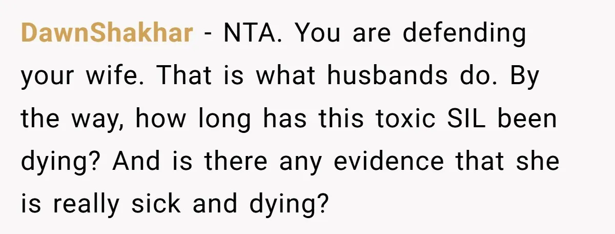 DawnShakhar − NTA. You are defending your wife. That is what husbands do. By the way, how long has this toxic SIL been dying? And is there any evidence that...