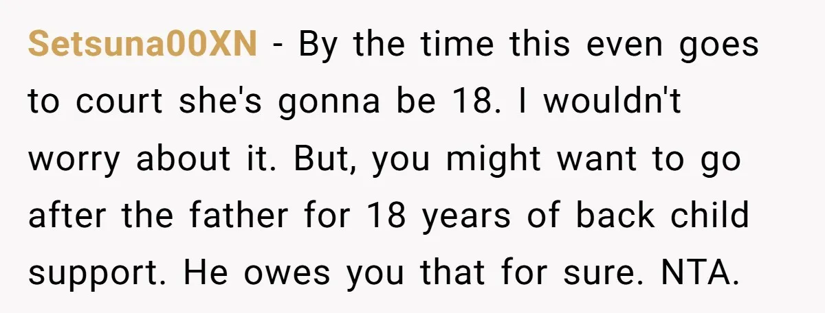 Setsuna00XN − By the time this even goes to court she's gonna be 18. I wouldn't worry about it. But, you might want to go after the father for 18...