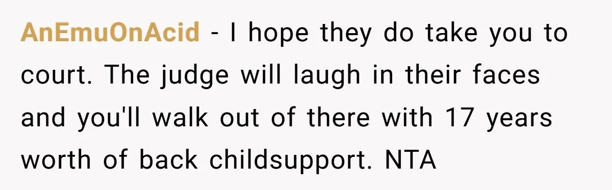 AnEmuOnAcid − I hope they do take you to court. The judge will laugh in their faces and you'll walk out of there with 17 years worth of back childsupport....
