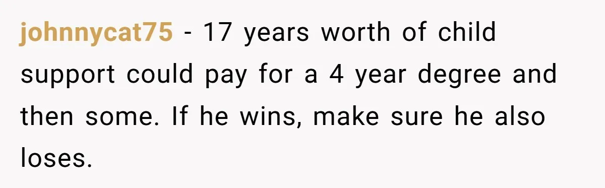 johnnycat75 − 17 years worth of child support could pay for a 4 year degree and then some. If he wins, make sure he also loses.