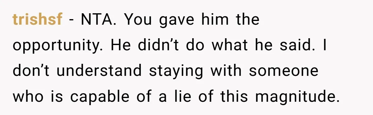 trishsf − NTA. You gave him the opportunity. He didn’t do what he said. I don’t understand staying with someone who is capable of a lie of this magnitude.