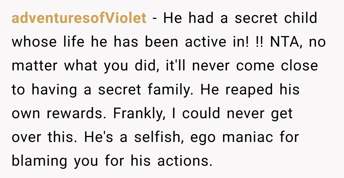 adventuresofViolet − He had a secret child whose life he has been active in! !! NTA, no matter what you did, it'll never come close to having a secret family....