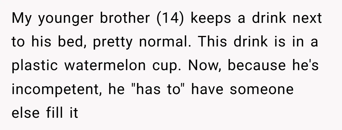 My younger brother (14) keeps a drink next to his bed, pretty normal. This drink is in a plastic watermelon cup. Now, because he's incompetent, he "has to" have someone...