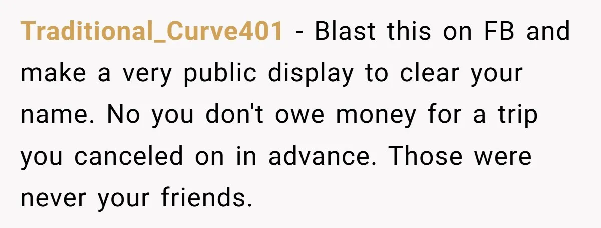 Traditional_Curve401 − Blast this on FB and make a very public display to clear your name. No you don't owe money for a trip you canceled on in advance. Those...