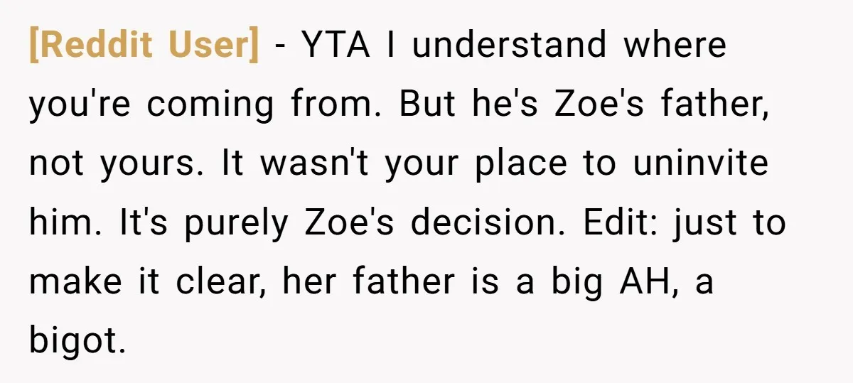 [Reddit User] − YTA I understand where you're coming from. But he's Zoe's father, not yours. It wasn't your place to uninvite him. It's purely Zoe's decision. Edit: just to...